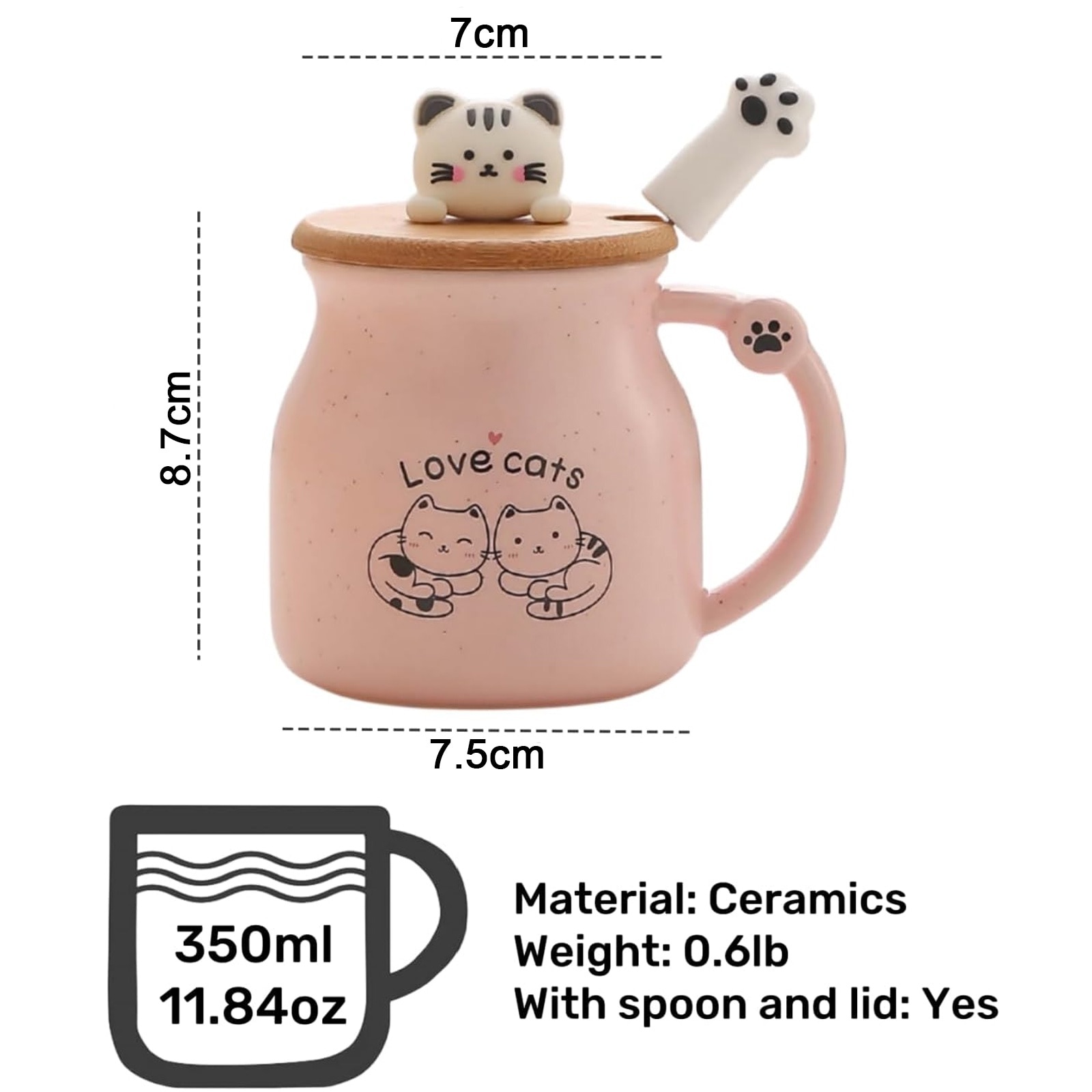 Cana pisica Abby ceramica 350ml cu set lingurita si capac bambus