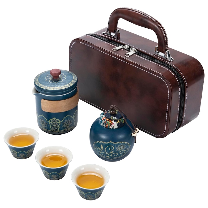 Set 6 piese pentru ceai, Axroad Mall, Ceramica, Suprapozabile, Rezistente la caldura, Reutilizabil, Capacitate 260 ml/46 ml, 24.5 cmx9.5 cmx15 cm, Albastru