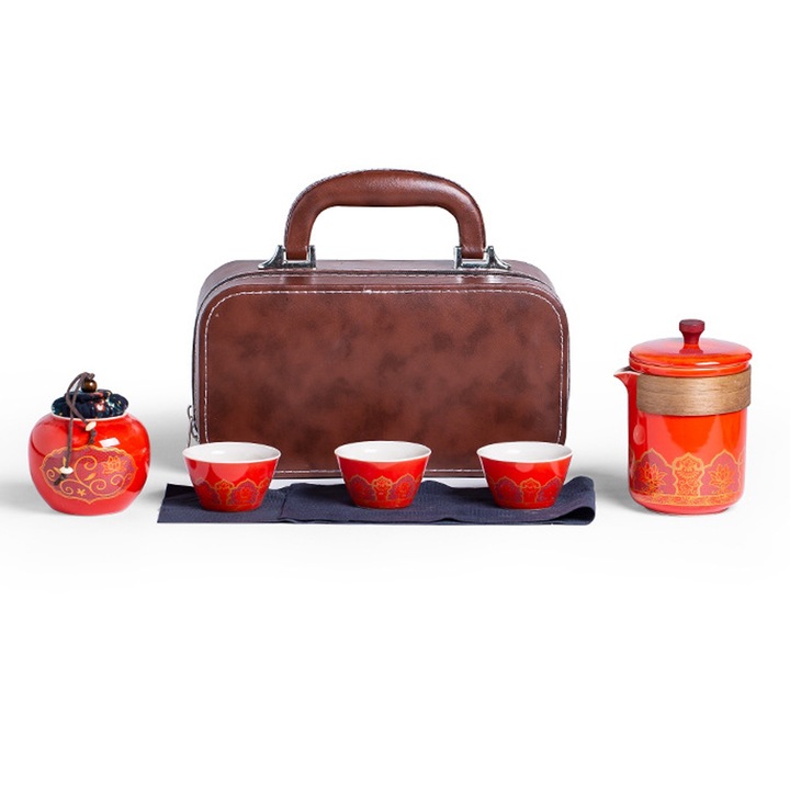 Set 6 piese pentru ceai, Axroad Mall, Ceramica, Suprapozabile, Rezistente la caldura, Reutilizabil, Capacitate 260 ml/46 ml, 24.5 cmx9.5 cmx15 cm, Rosu
