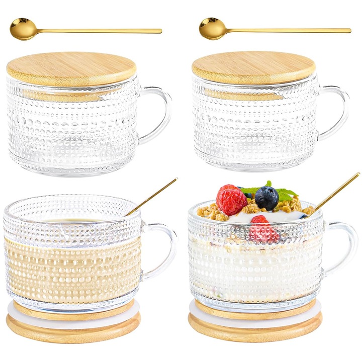 Set 4 cani in relief de cafea vintage, Set 4 cani de ceai cu capace si linguri, Axroad Mall, Polka dot/, Rezistente la caldura, Reutilizabil, Pentru Capucinno, Latte, ceai, iaurt, lapte, fulgi de ovaz, desert, Sticla/bambus, 450ml, Transparent