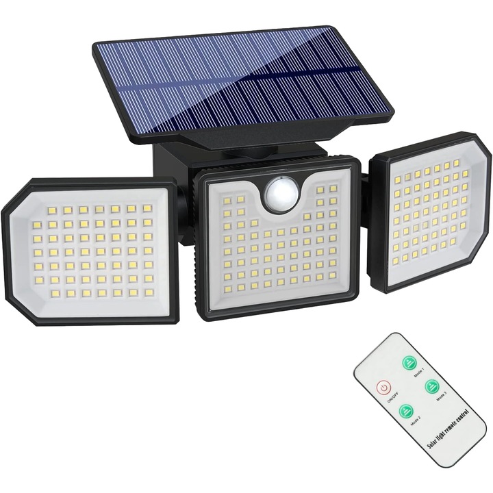 Lampa solara de exterior cu telecomanda, Senzor de miscare, Baterie 1800 mAh, 167 lumini LED, rezistent la conditii meteorologice, IP 65, Negru, OFINIO