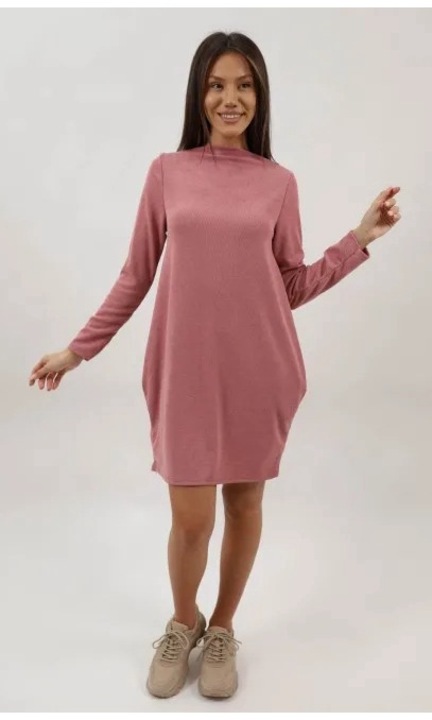 Fánk hosszú ujjú midi ruha axina zsebekkel, Rózsaszín, One Size