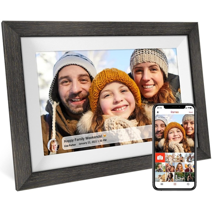 10,1-инчова WiFi цифрова фоторамка IPS HD 1280x800 дървен сензорен екран, интелигентна електронна фоторамка с 32GB памет, автоматично завъртане, незабавно споделяне на снимки/видео чрез приложението Frameo отвсякъде