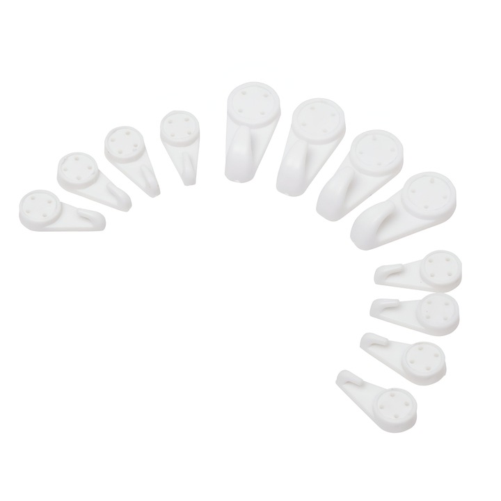 Set Carlige de Perete Dalip pentru Decoratiuni, Perete si Tablouri, Plastic, Fixare in Cuie, 4 piese 8x3cm si 8 piese 4x4cm, Alb