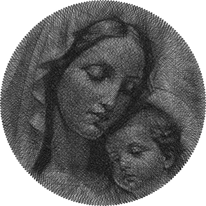 Tablou Fecioara Maria cu Pruncul – Portret in tehnica String Art din fir continuu de ata cerata 50×50 cm