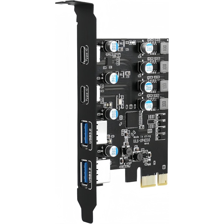 PCI-e към USB 3.0 карта с 4 порта, Wacorresi, PCI-E към USB супер скорост, разширителна карта, за Windows XP/11/10/8/7 и MAC OS, USB3.0 PCIE карта 2*USB A порт+2*USB C порт/USB3.2 GE разширителна карта, вградена N1, мощен чип, черен