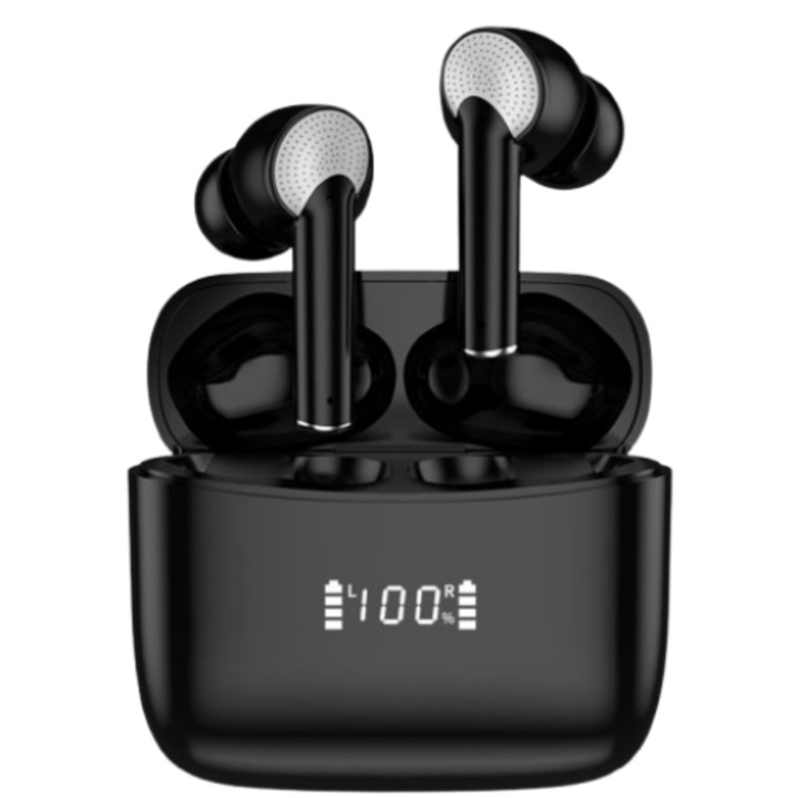 Casti Wireless CerCip J8 Pro, Bluetooth 5.3, Functie ANC+ENC Anulare zgomot fundal, Autonomie 36 ore, Incarcare Wireless, Control Touch, Rezistente la apa IPX7, Fara fir, Carcasa incarcare rapida, Universal, Culoare Negru