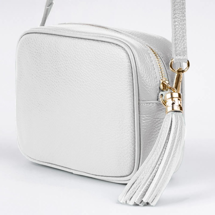 Geanta crossbody din piele naturala, cu ciucure din piele