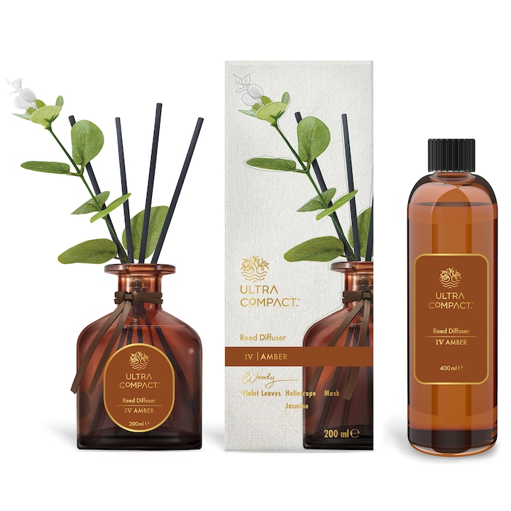 Set Odorizant de Camera Premium cu Betisoare - Amber, Difuzor 200 ml + Rezerva Refill 400 ml, Prospetime 180+ Zile, Ultra Compact, 600 ml
