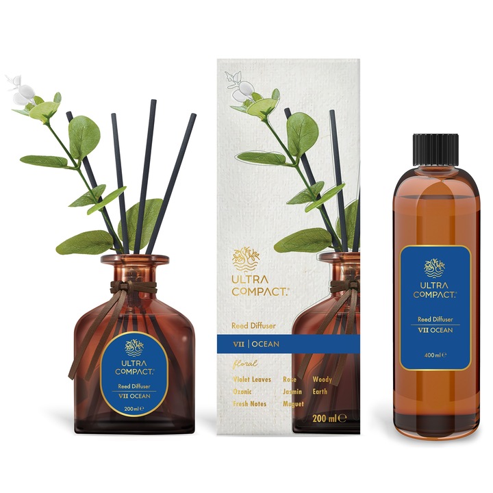 Set Odorizant de Camera Premium cu Betisoare - Ocean, Difuzor 200 ml + Rezerva Refill 400 ml, Prospetime 180+ Zile, Ultra Compact, 600 ml