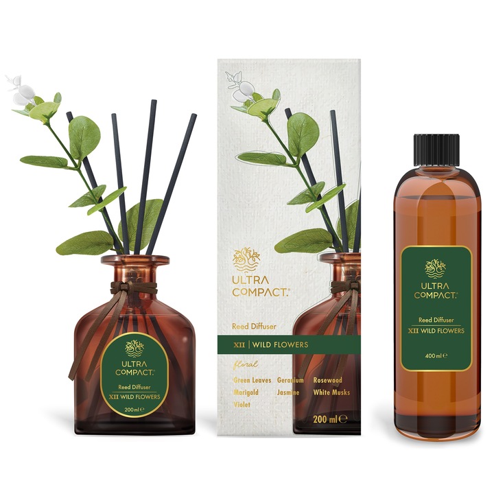 Set Odorizant de Camera Premium cu Betisoare - Wild Flowers, Difuzor 200 ml + Rezerva Refill 400 ml, Prospetime 180+ Zile, Ultra Compact, 600 ml