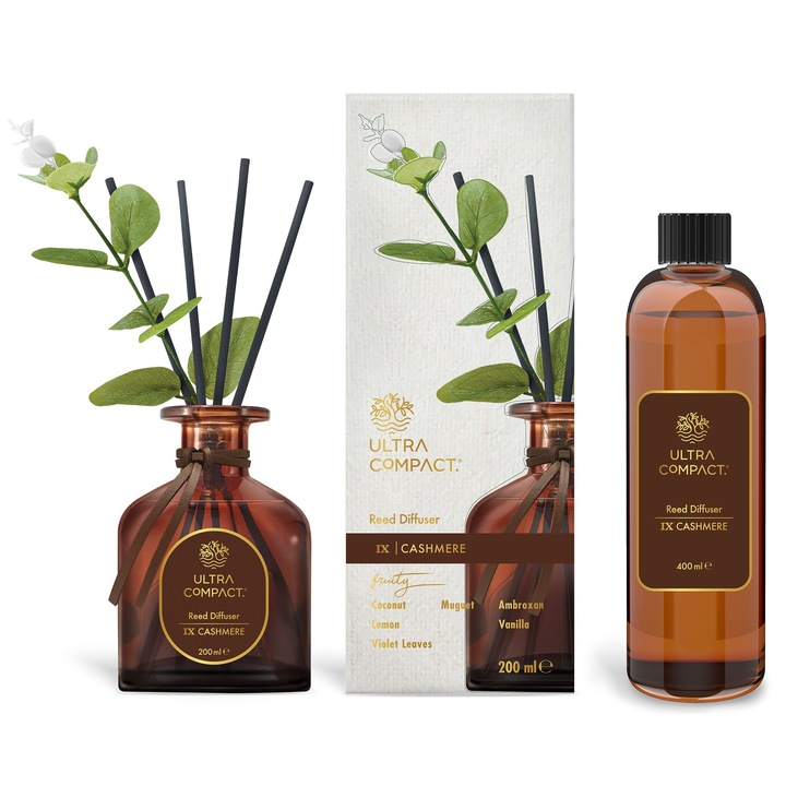 Set Odorizant de Camera Premium cu Betisoare - Cashmere, Difuzor 200 ml + Rezerva Refill 400 ml, Prospetime 180+ Zile, Ultra Compact, 600 ml