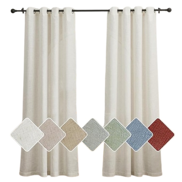 Perdele cu inele, PONY DANCE, cu in si poliester, semi transparente, stil rustic, 138 x 213 cm, set de 2, Bej deschis