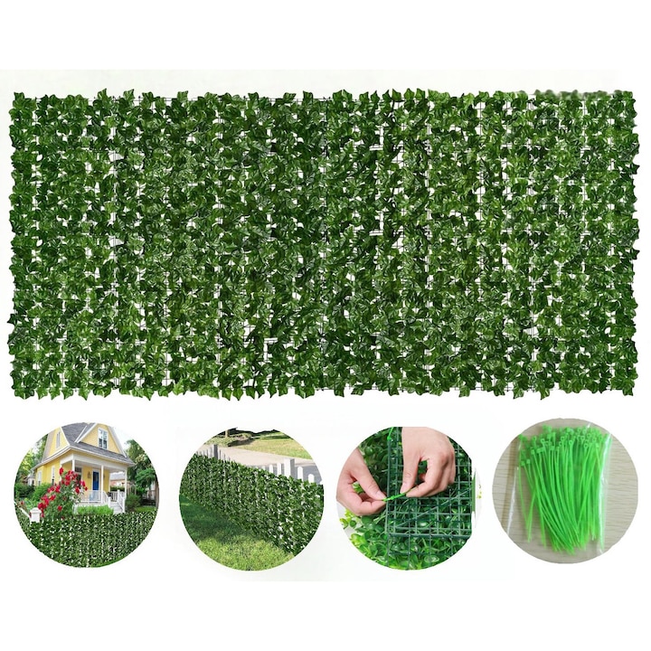 Gard paravan viu cu frunze artificiale, Excitat®, verde inchis, 300x150 cm