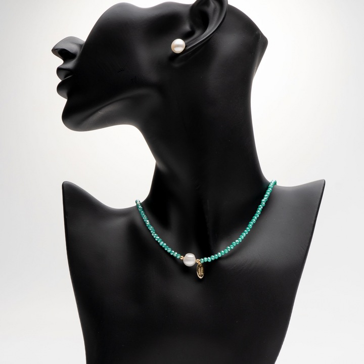 Colier Handmade Cu Perla Naturala, Auriu, Turcoaz