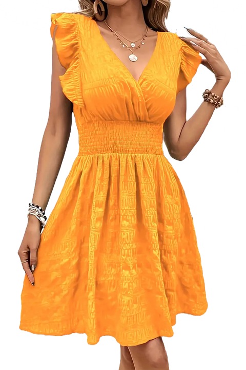 Rochie vara, decolteu in V, volanase pe umeri, Galben