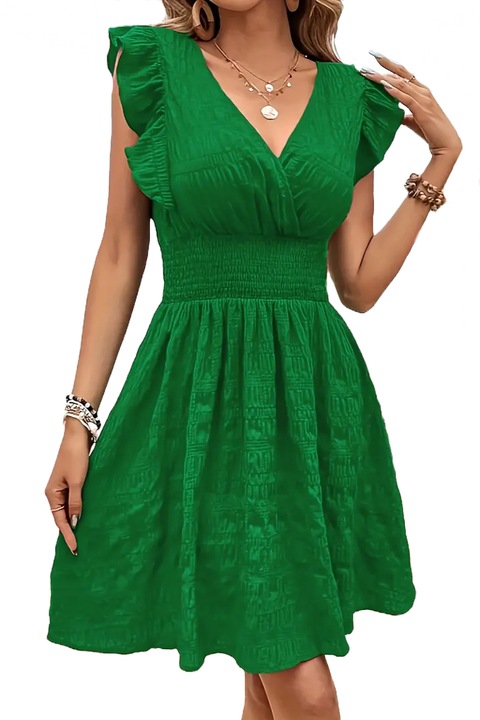 Rochie vara, decolteu in V, volanase pe umeri, Verde