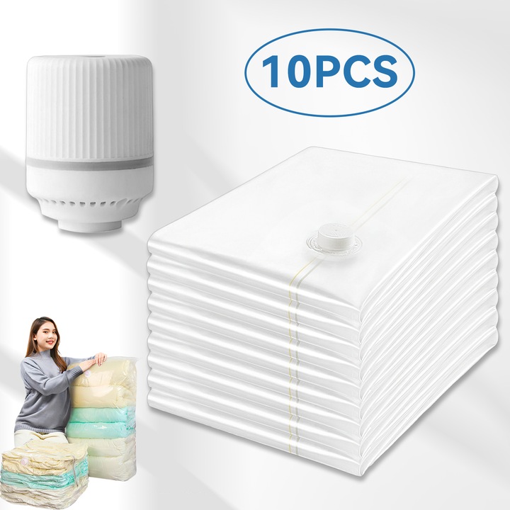 Set 10 de sacuri vacum pentru depozitare Tressino, cu pompa electrica, saci de vacuum transparenti grosi, saci vidat haine, 60x80cm