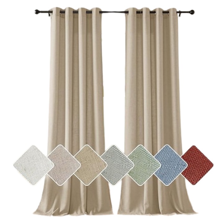 Perdele cu inele, PONY DANCE, cu in si poliester, semi transparente, stil rustic, 140 x 250 cm, set de 2, Bej cenusiu