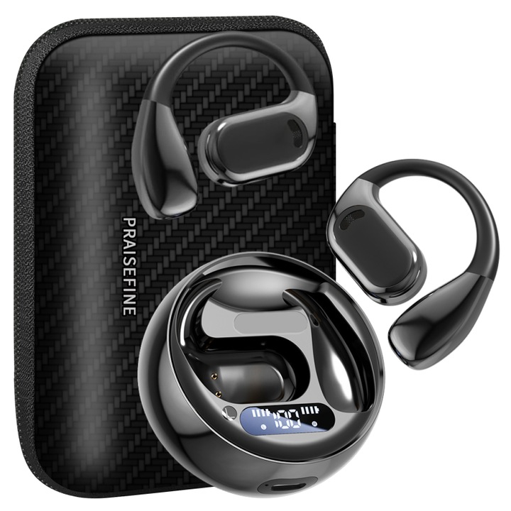 Bluetooth безжични слушалки, PRAISEFINE, аудио, ear hook, безжични, спортни, с микрофон, touch control, универсални, Bluetooth 5.4, черен