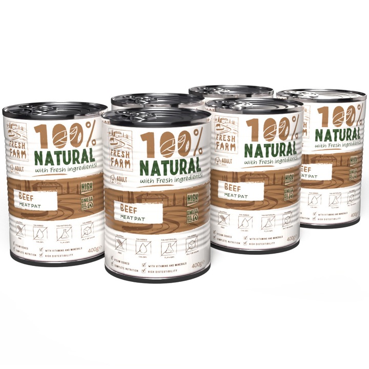 Hrana umeda pentru caini, Fresh Farm, Smooth Pate cu vita, 6x400g