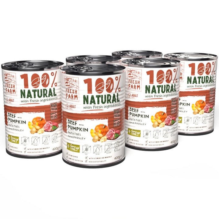 Hrana umeda pentru caini, Fresh Farm, Coarse Pate cu vita, dovleac, cartofi si patrunjel, 6x400g