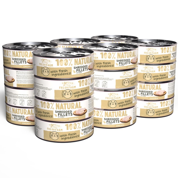 Hrana umeda pentru pisici, Fresh Farm, Shredded Fillets in sos cu pui, 24x70g