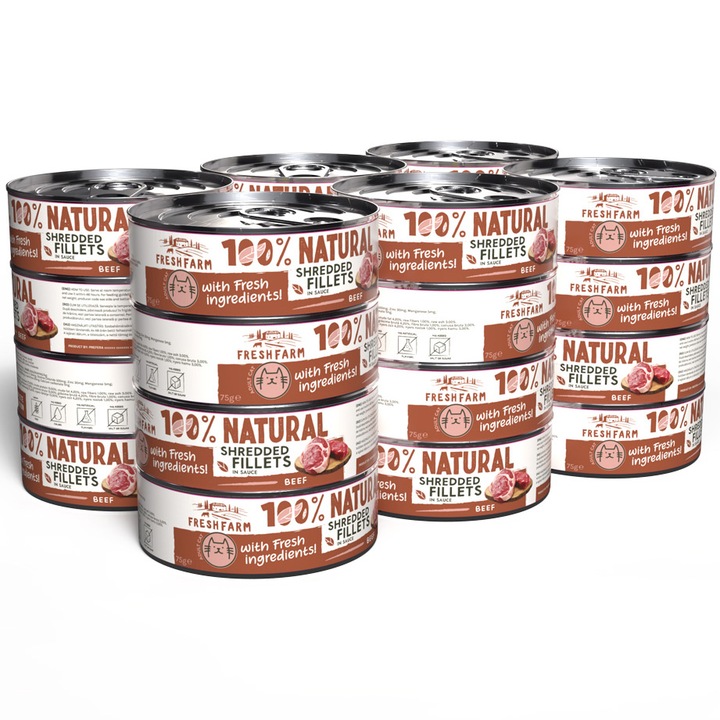 Hrana umeda pentru pisici, Fresh Farm, Shredded Fillets in sos cu vita si pui, 24x70g