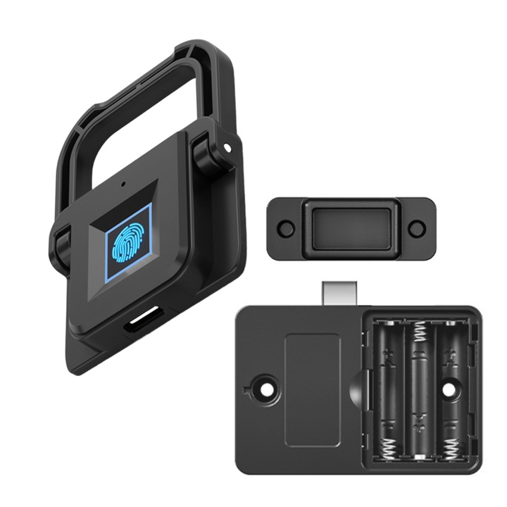 Incuietoare inteligenta cu amprenta digitala, USSPY® F007, pentru sertar, vestiar, mobilier, reincarcabila prin USB Type-C, 20 de amprente, recunoastere rapida