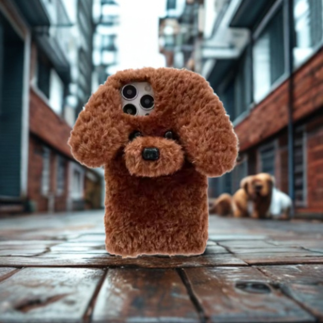 Husa de protectia pentru IPHONE 13, Material textil pufos/plush, Teddy, Puffy, Caine pufos, Maro, Modern