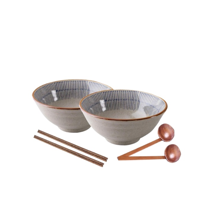 Boluri pentru ramen, set 6 piese - boluri, linguri si betisoare, pentru supa instant, noodles, salata, pho, udon, soba, 1100 ml, ceramica / lemn, Bej