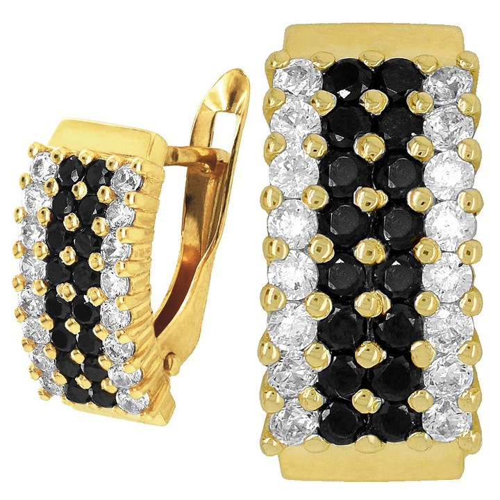 Cercei din aur cu zirconii albe si negre, KingGold, 14K