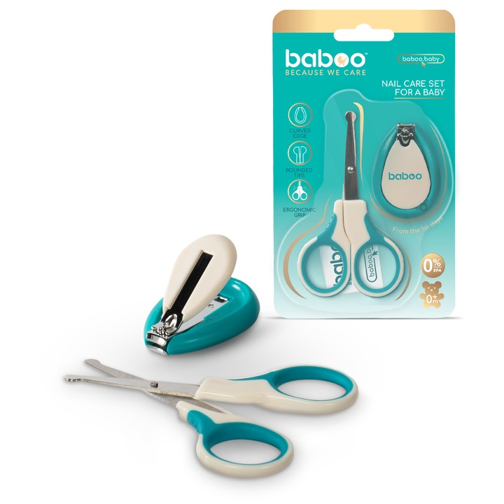 Set manichiura bebe, Baboo kit 2 in 1 - contine forfecuta, unghiera, Blue Haze, 0 luni+