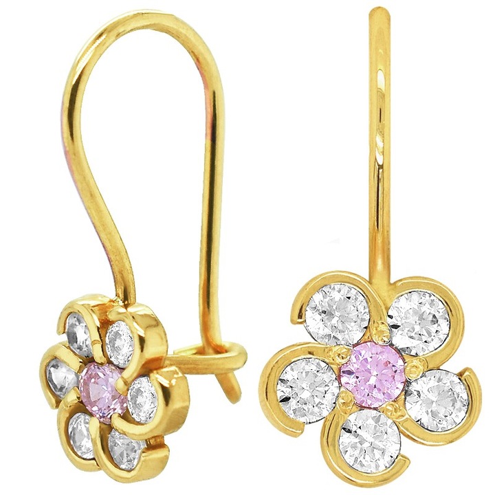 Златни обеци KingGold, Модел на цветя, 14К, Розови и бели циркони