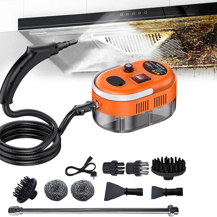 Aparat de curatat cu abur, Fudisenn®, 1500W, 3Bar, rezervor 1200 ml, incalzire 10S, 6 setari de reglaj al aburului, 4 accesorii incluse, rosu-portocaliu,26x21x18cm