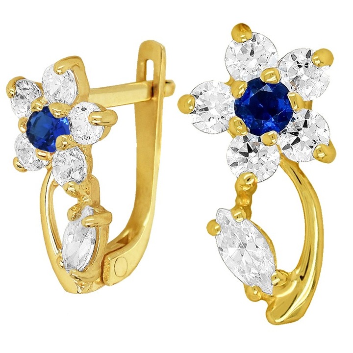 Cercei din aur 14K KingGold, design floare cu frunza, aur galben