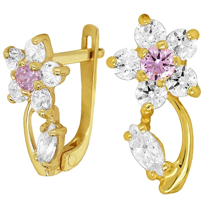 Cercei, KingGold, Floare cu frunza, Aur de 14 carate (585), Greutate 1,63 g, Zirconiu roz si alb, Inchizatoare englezeasca, Elegant, Cutie pentru bijuterii, Panza de lustruit