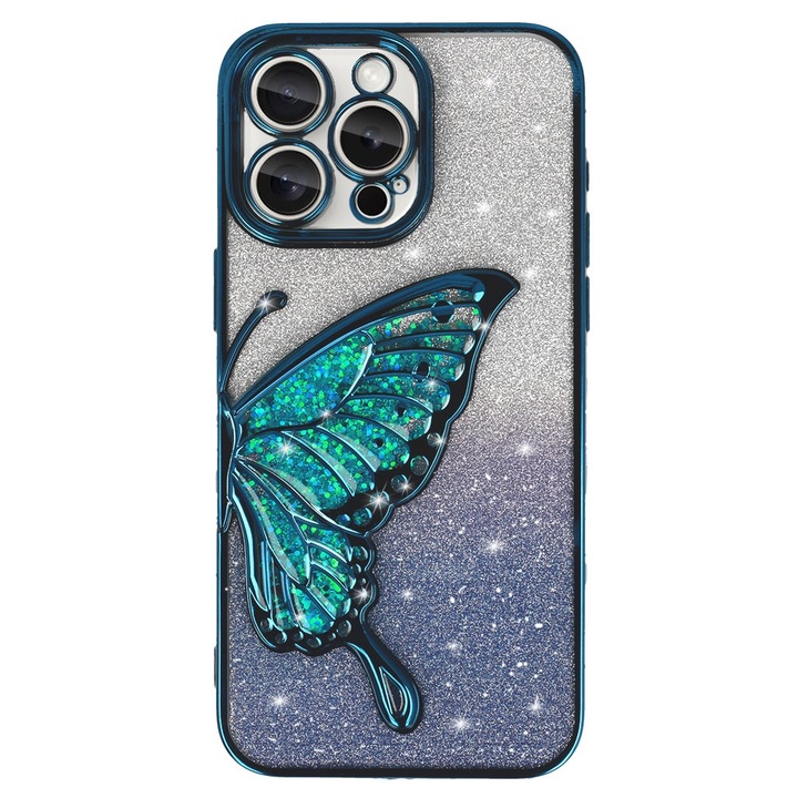 Husa Mystic Wings pentru Apple iPhone 13 Pro Max, Model Tridimensional Fluturas, TPU Flexibil, Sclipici, Protectie Camera, Ultra-Slim, Anti-Soc, Anti-Zgarieturi, Anti-Alunecare, Fluturas 3D, Albastru