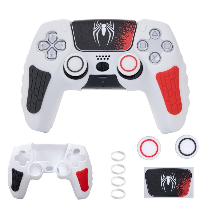 Husa pentru gamepad PlayStation 5, Spider-Man, silicon anti-derapant, alb, carcasa controler ps5, capacul controlerului ps5, piele ps5, carcasa din silicon ps5, accesorii ps5