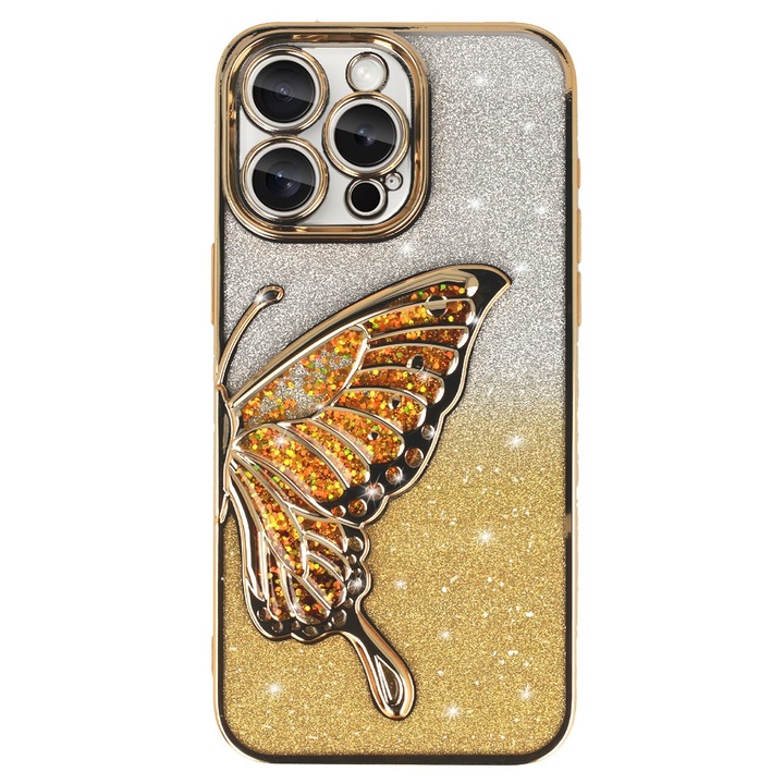 Кейс Mystic Wings за Apple iPhone 13, триизмерен модел на пеперуда, гъвкав TPU, блясък, защита на камерата, ултра тънък, противоударен, противонадраскващ, противоплъзгащ, 3D пеперуда, златен