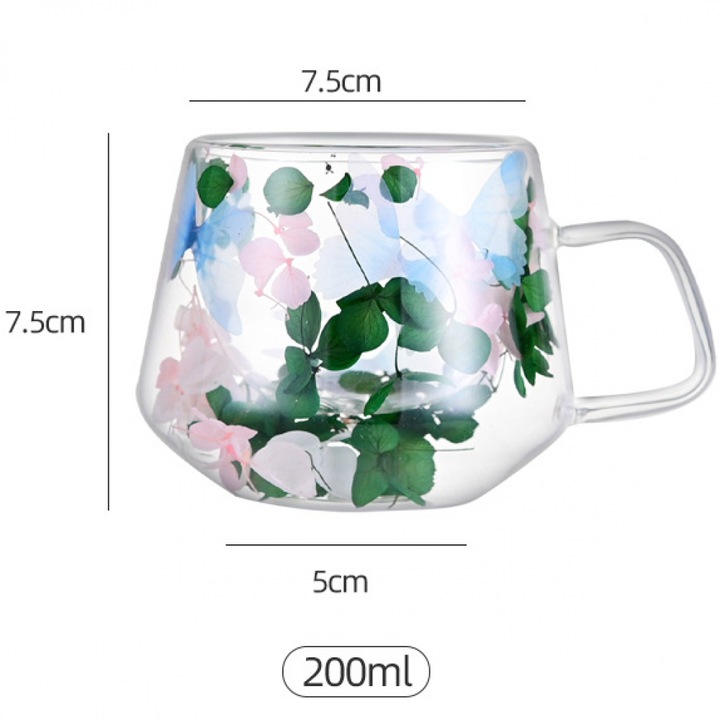 Cana CNNIK®, Model cu flori uscate, sticla, dubla, capacitate 250ml, verde