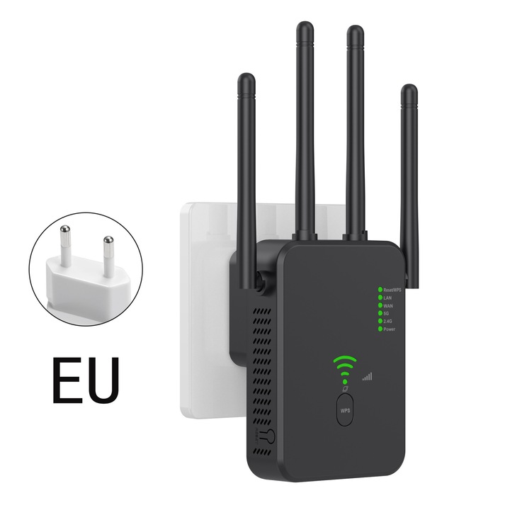 Urlant wi-fi wlan jelerősítő átjátszó, 2, 4/5ghz wi-fi, lan/wan ethernet port, wps, 1200mbps, 4 antenna, 10, feket