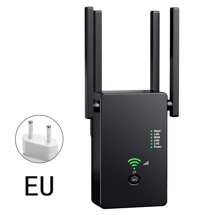 Urlant wi-fi wlan jelerősítő átjátszó, 2, 4/5ghz wi-fi, lan/wan ethernet port, wps, 1200mbps, 4 antenna, 6, fekete