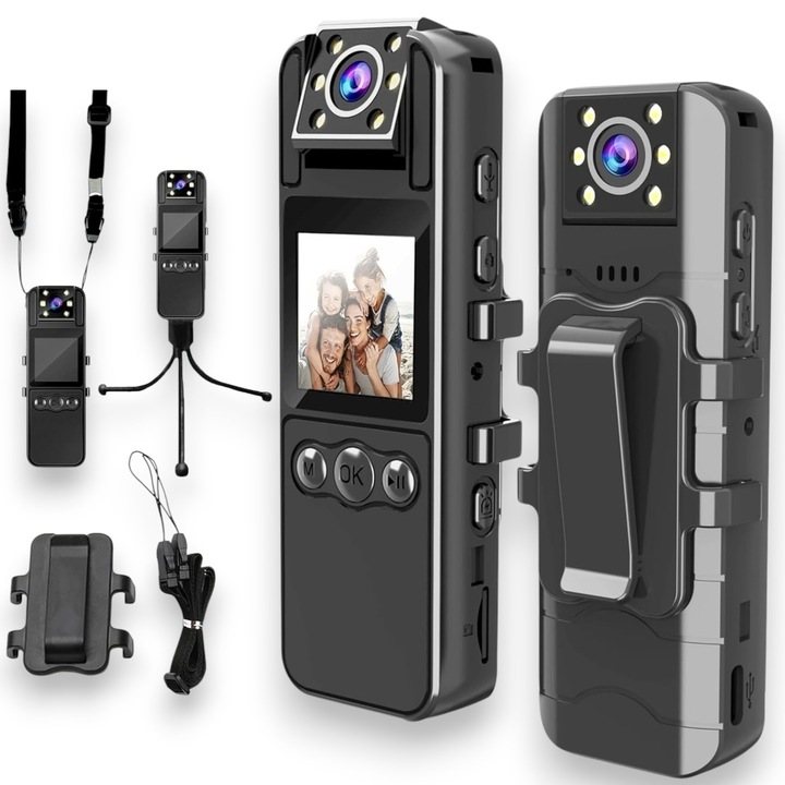 Камера 4K UHD LONDEMM Body Video, WiFi връзка, Body Cam Sport, Видео резолюция 3840*2160, 180º ротация, 1,3-инчов дисплей, двупосочно аудио, нощно виждане, сензор за откриване, място за съхранение до 256 GB, аларма, черен