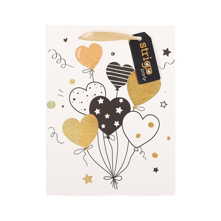 Комплект от 3 хартиени подаръчни торбички, Честит рожден ден, Strigo, 18x23(h)x10 см, дръжка с панделка, бяло, черно и златно