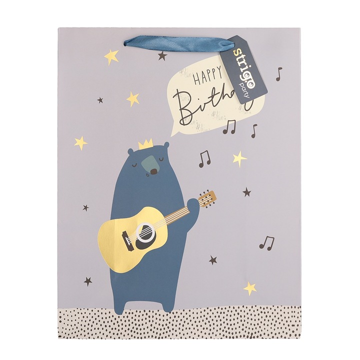 Комплект от 4 хартиени подаръчни торбички, Честит рожден ден, Strigo, 26x12(h)x32 см, дръжка панделка, животни