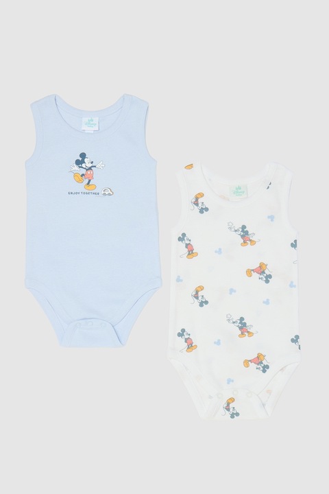 OVS, Set de body-uri din bumbac cu imprimeu Mickey Mouse - 2 Piese, Alb/Albastru deschis, 55 CM