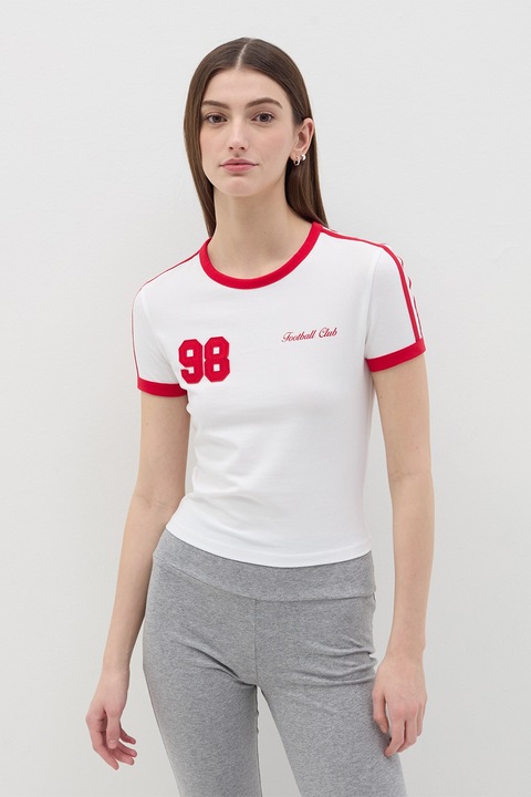 OVS, Tricou crop cu croiala slim-fit, Rosu/Alb optic