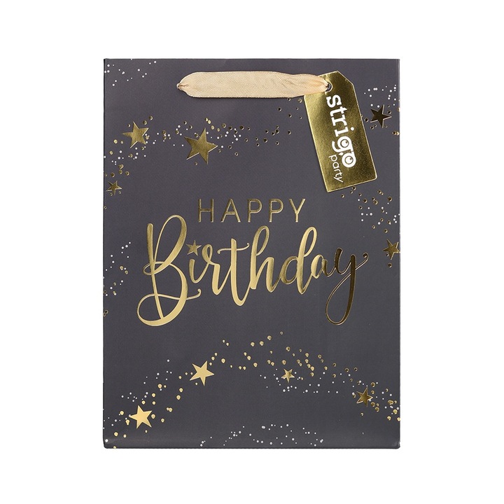 2 db Happy Birthday papír ajándéktasak készlet, Strigo, 18x23(h)x10 cm, szalag fogantyú, kék és szürke
