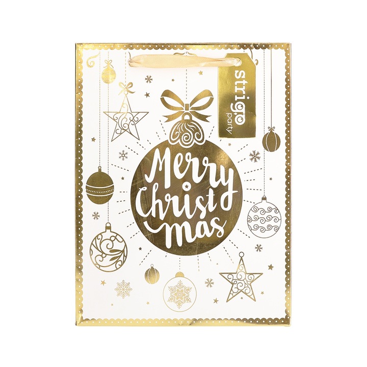 Комплект от 3 хартиени торбички за подаръци, Коледа, Strigo, 18x23(h)x10 см, дръжка от панделка, бяло и златно